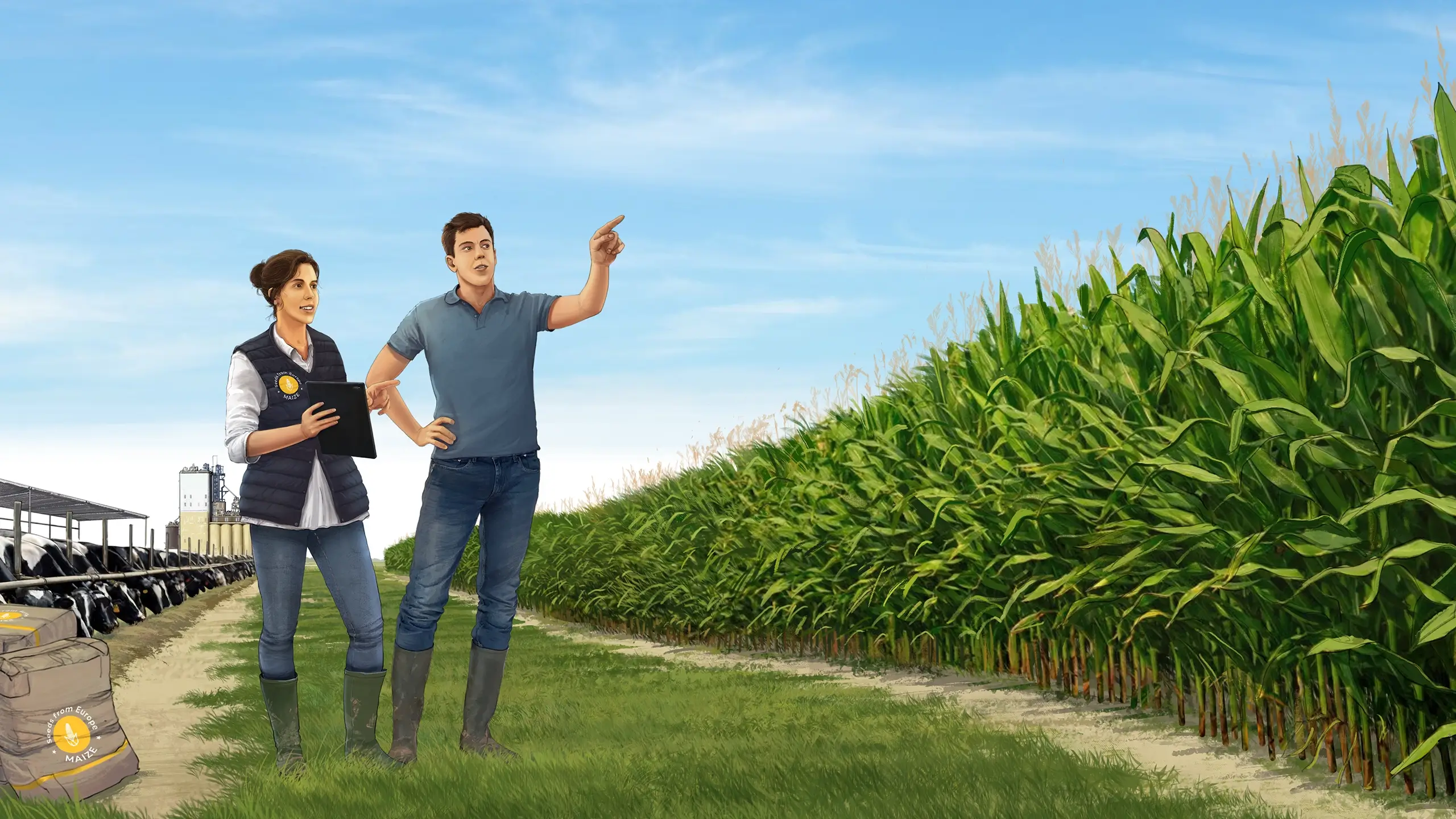 Due agricoltori indicano un campo di mais con alle spalle delle mucche alla mangiatoia | Seeds for Future